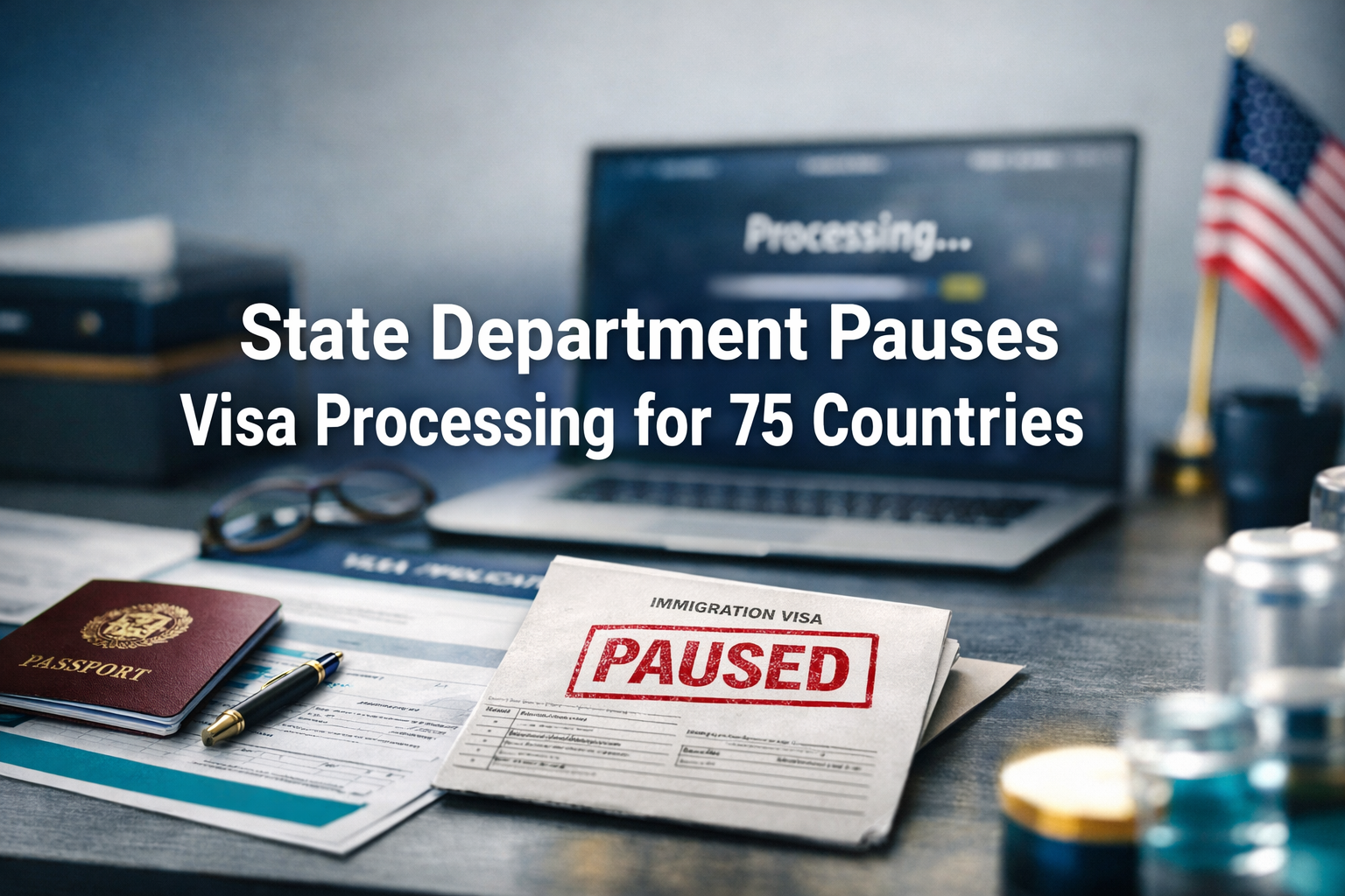 Visa processing pause banner showing a passport, visa paperwork, and a modern policy-themed business desk in navy, gold, and teal.