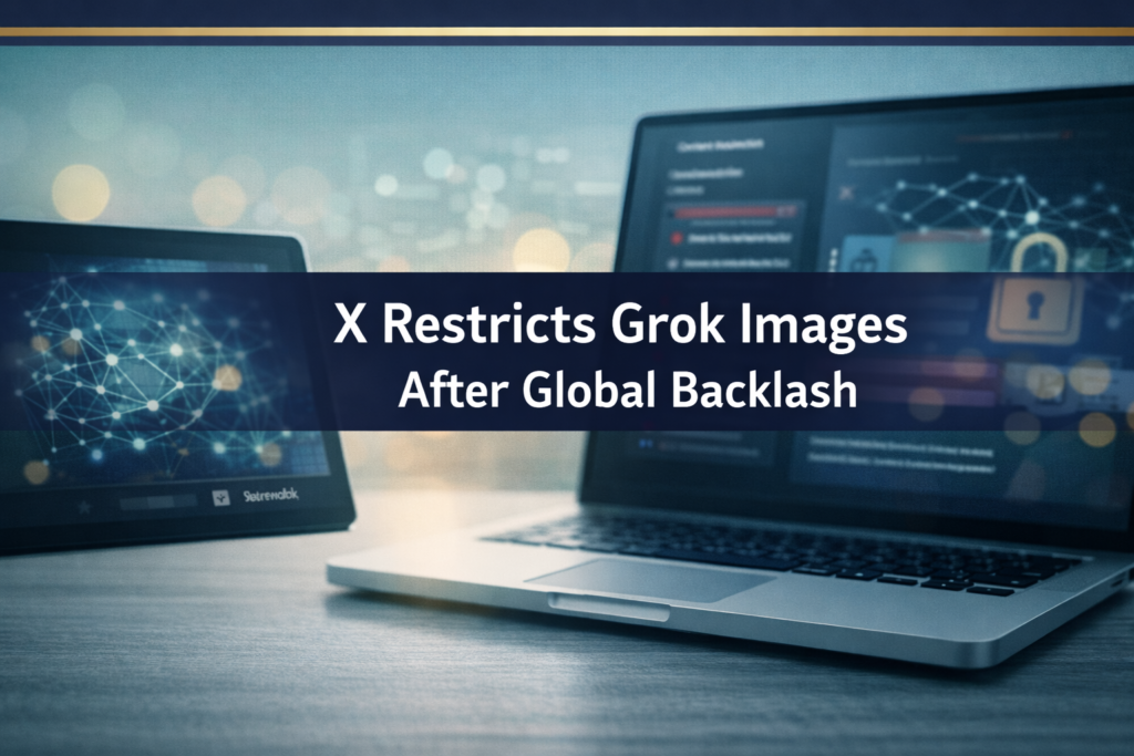 X restricts Grok images banner showing AI moderation and platform risk controls in a professional tech workspace.