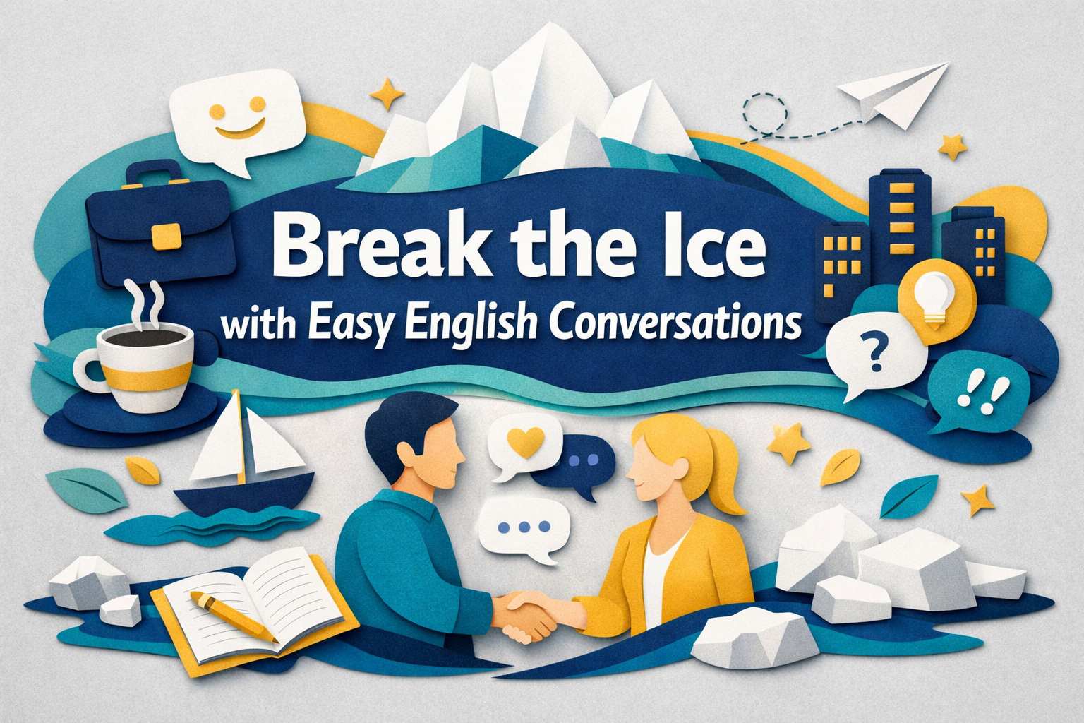 3D paper cut banner of friendly coworkers chatting over coffee in a modern office, showing how to break the ice in English at work.