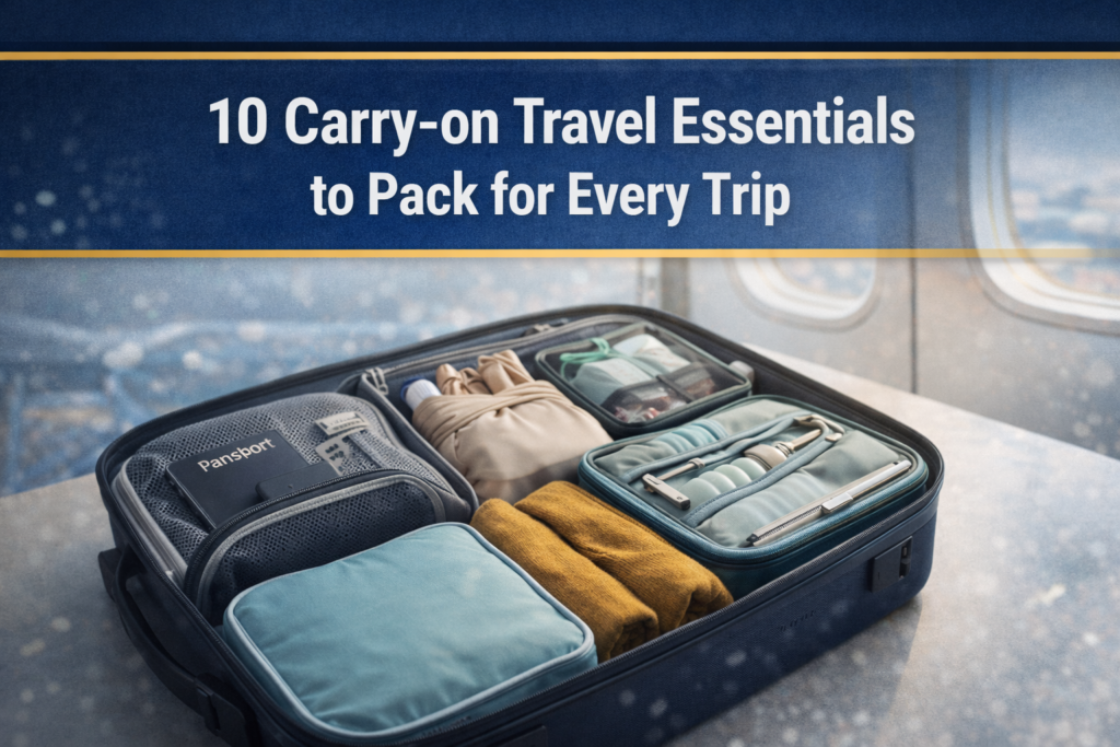 Neatly packed suitcase with organizers, toiletries, and tech pouch showing carry-on travel essentials for stress-free trips.
