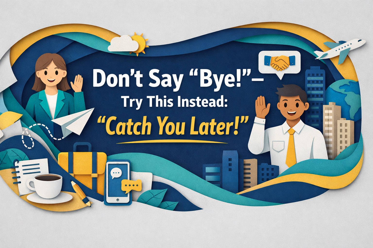 Wide 3D paper cut art banner showing professionals waving goodbye with the phrase “Catch You Later,” illustrating how to use catch you later instead of “bye” in professional English conversations.