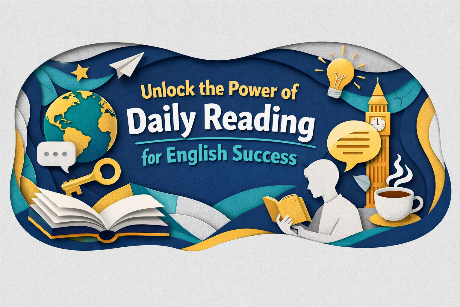 Wide 3D paper cut art banner of a busy professional reading an open book with speech bubbles and calendar icons, showing daily reading for English success, in navy, soft gold, light gray, and teal.