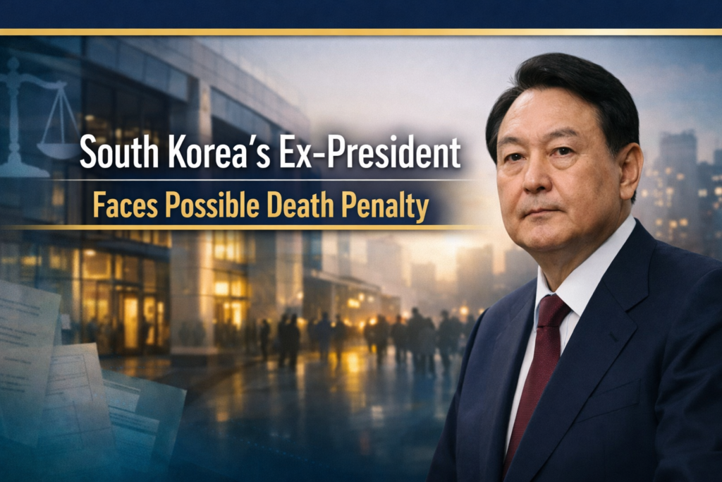 death penalty for Yoon banner showing a South Korean courthouse scene with navy and gold news-style design and the article title.