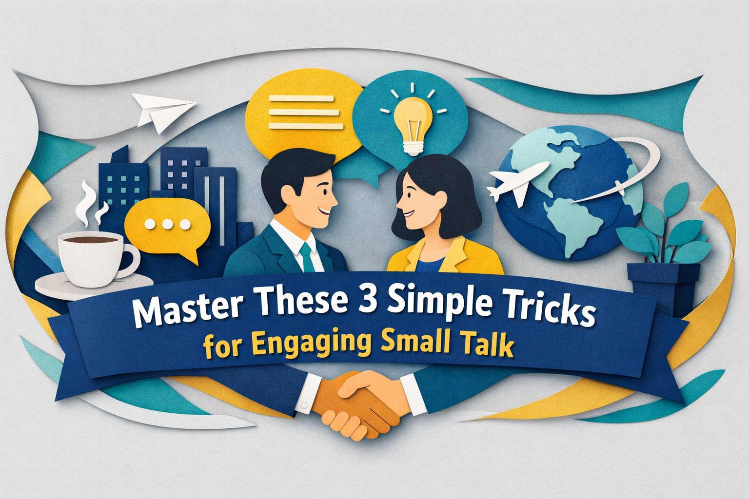 3D paper cut art banner showing professionals having a friendly conversation, illustrating engaging small talk techniques for busy professionals in business English