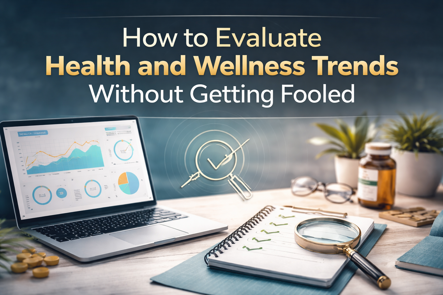 evaluate health and wellness trends banner showing a modern desk with a laptop dashboard, checklist notebook, and fact-check concept in navy, gold, teal