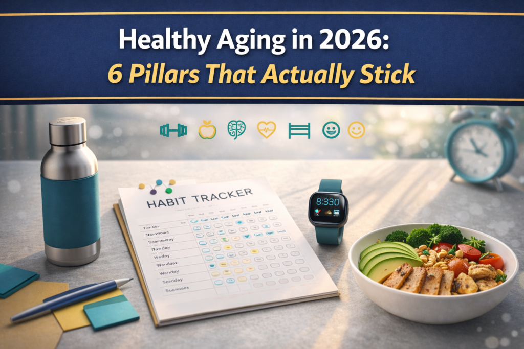 healthy aging habits 2026 banner featuring a clean wellness routine scene with habit-tracking visuals in navy, gold, gray, and teal.