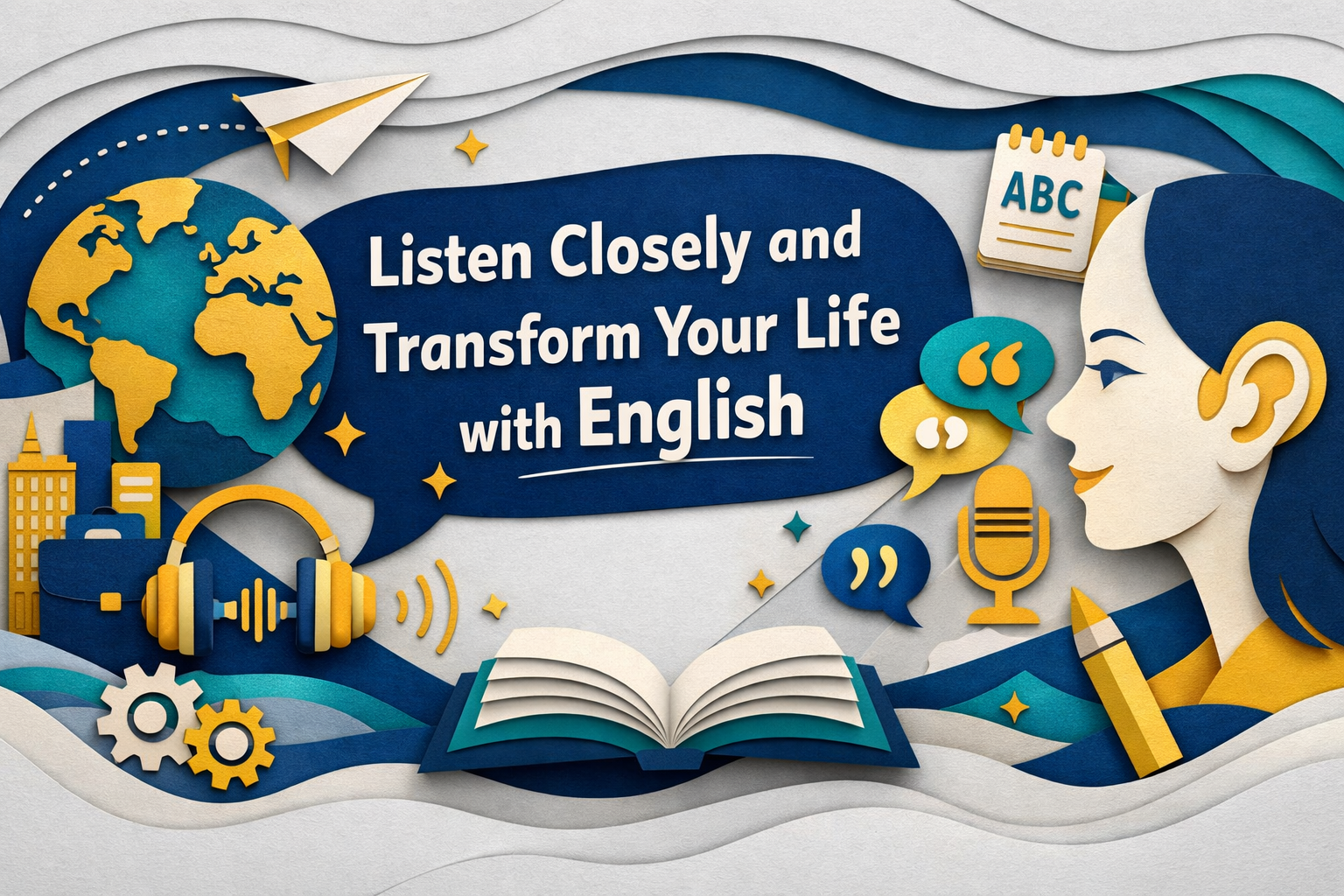 Wide 3D paper-cut banner in navy blue, soft gold, light gray, and teal accents showing a person with headphones and layered sound waves, representing how to listen closely in English while learning simple grammar patterns.