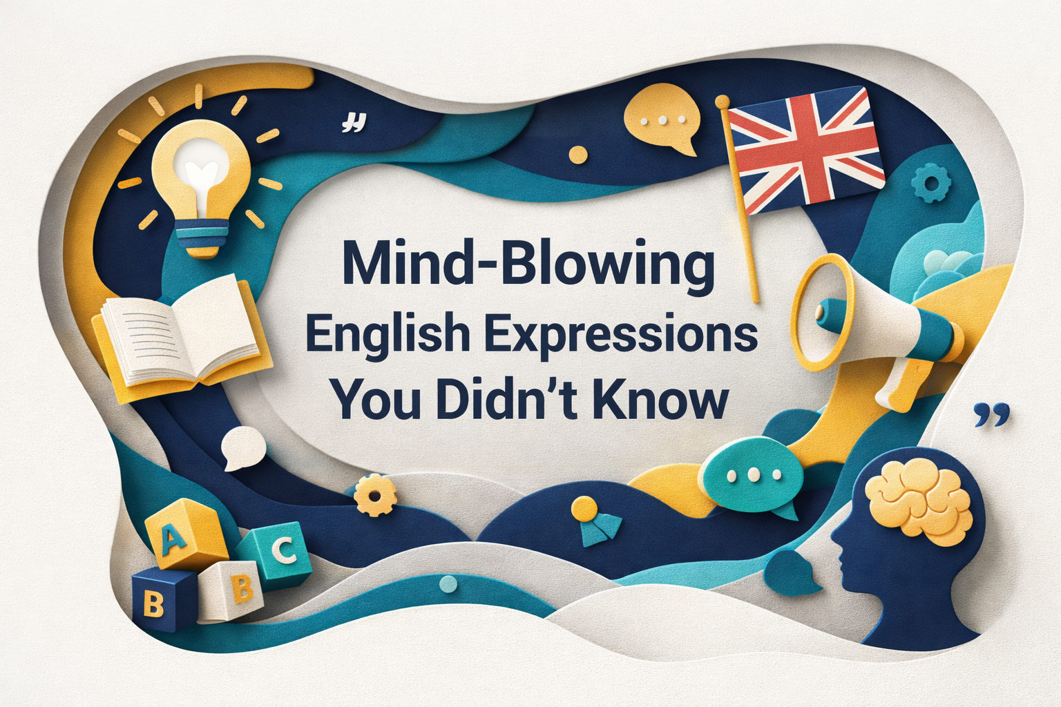 Wide 3D paper cut banner for mind-blowing English expressions, showing a modern office desk with chat bubbles and professional communication icons.