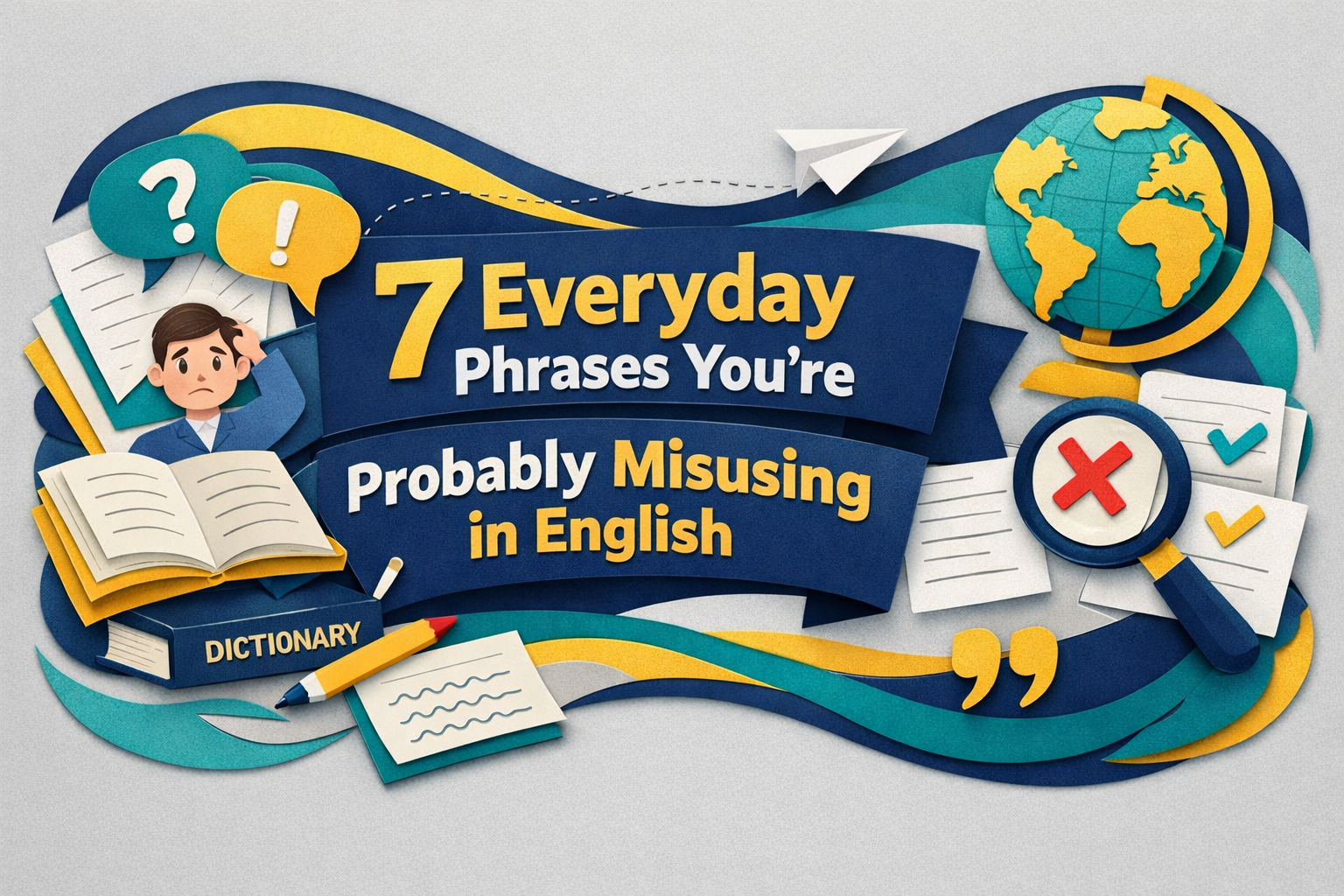 3D paper-cut banner about misusing English phrases, showing office speech bubbles, email icons, and a checklist in navy, gold, gray, and teal.