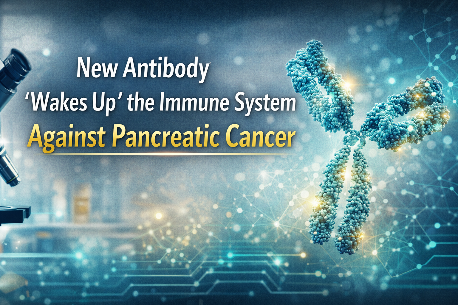 Biomedical research banner showing lab and antibody imagery as a new pancreatic cancer antibody helps the immune system recognize tumors.