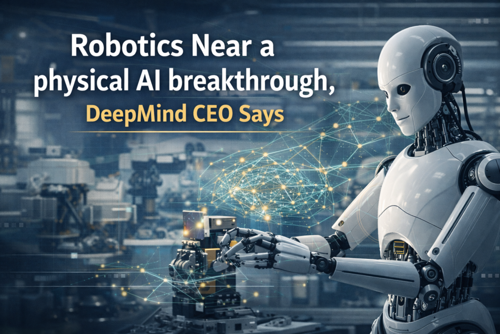 physical AI breakthrough banner featuring robotics lab imagery with AI network overlays in navy blue and gold.