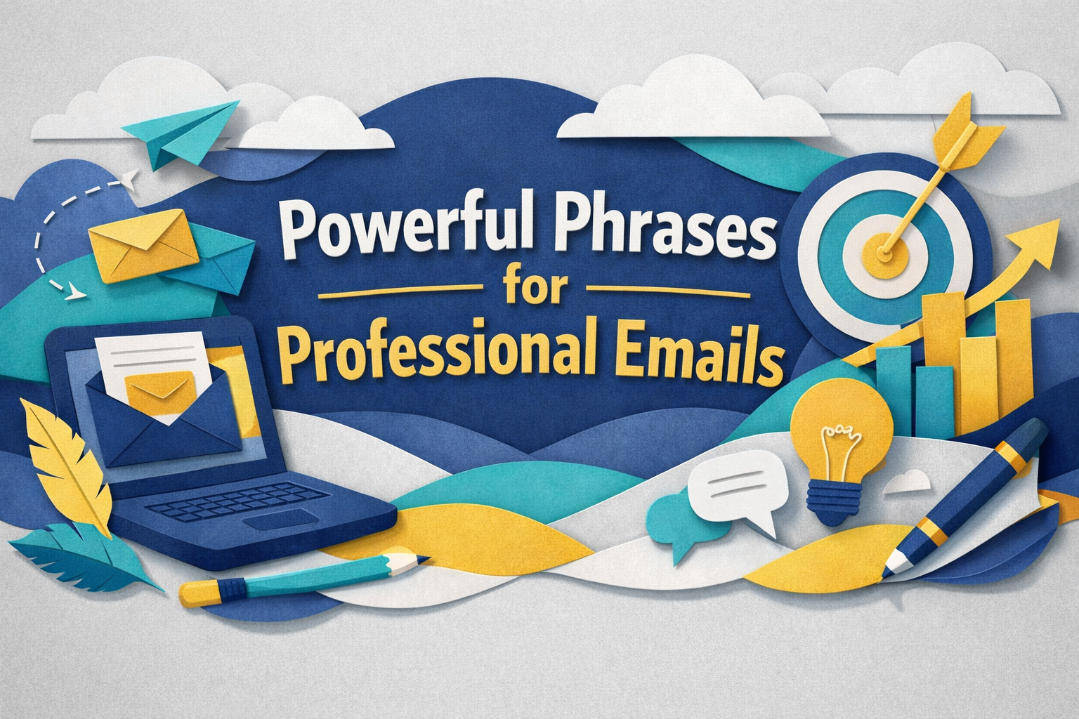 Wide 3D paper cut banner in navy blue, soft gold, light gray, and teal showing a laptop and email icons, representing powerful phrases for professional emails and clearer, more respectful business communication.