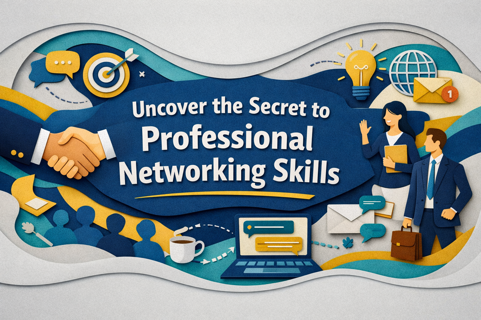 3D paper cut banner in navy, gold, teal, and light gray showing professionals networking at a conference coffee table, highlighting professional networking skills.