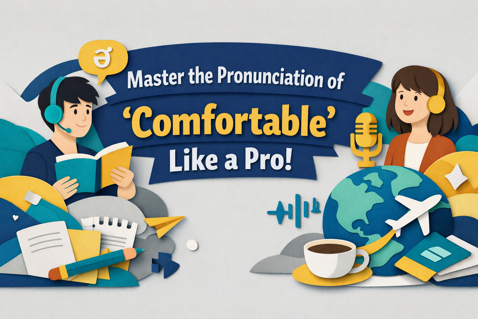 Wide 3D paper cut art banner showing English learners practicing pronunciation with headphones and microphones, illustrating how to pronounce comfortable correctly in natural spoken English, using navy blue, soft gold, teal, and light gray brand colors.