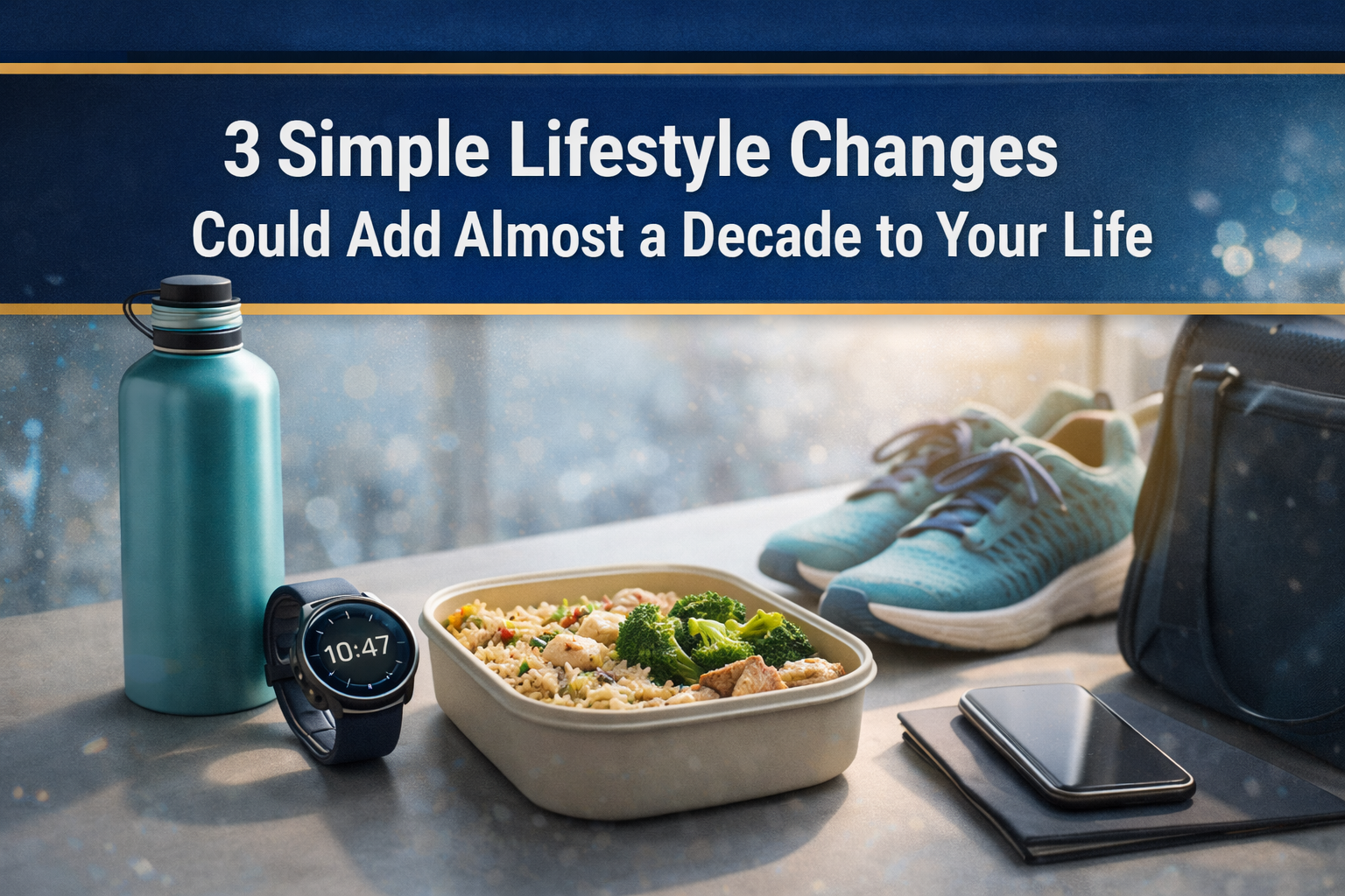 Professional workspace with wellness items like a smartwatch, healthy food, and running shoes representing simple lifestyle changes that support longevity.