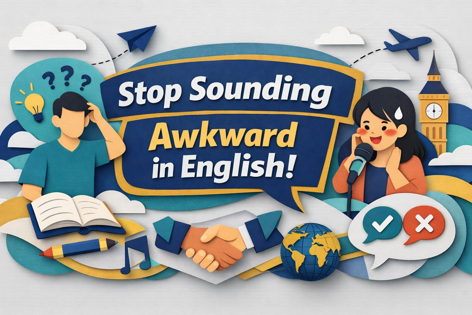 3D paper cut art banner illustrating how to stop sounding awkward in English, showing nervous and confident English speakers, speech bubbles, and global communication icons in navy blue, soft gold, teal, and light gray tones.