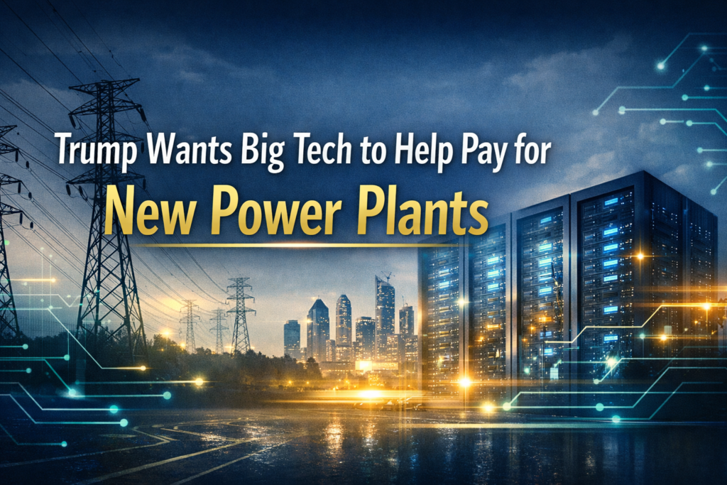 Trump energy plan visual showing data centers and power grid as tech companies fund power plants to support rising electricity demand.