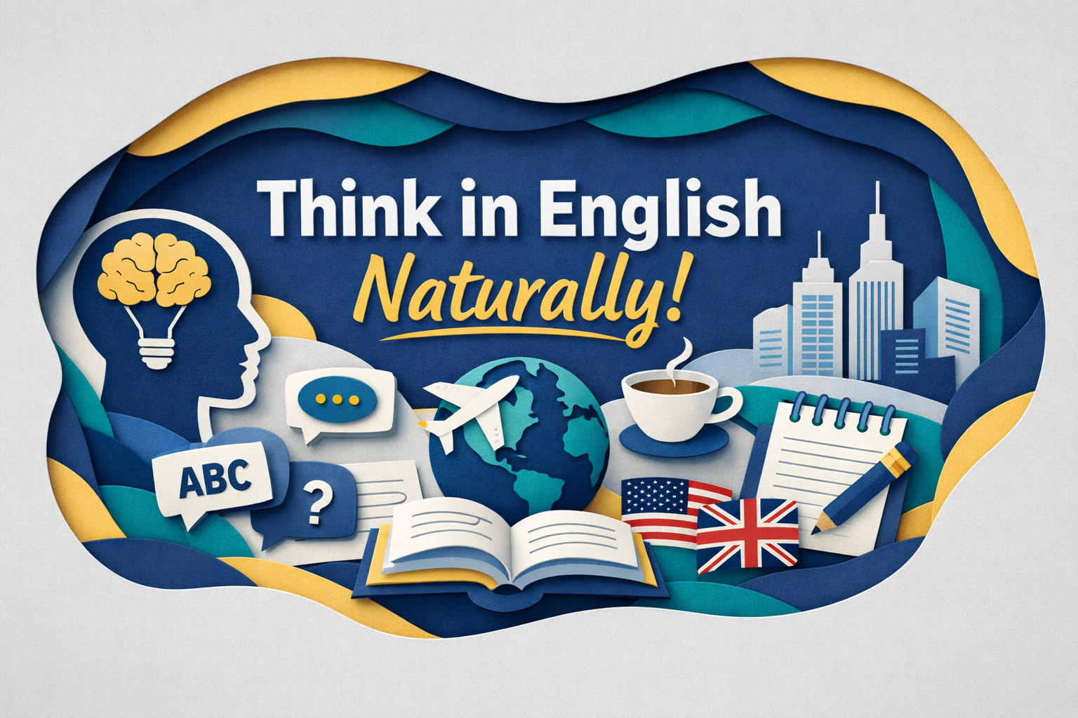 Wide 3D paper cut style banner illustrating how busy professionals can think in English naturally, featuring layered visuals of a brain, speech bubbles, books, and global business symbols in navy blue, soft gold, and teal tones.
