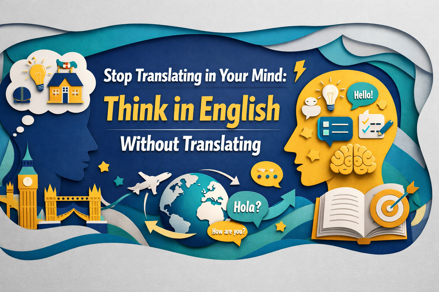 3D paper cut art banner in navy blue, soft gold, light gray, and teal showing a brain with speech bubbles, sticky notes, and office icons, titled “Stop Translating in Your Mind: How Fluent Speakers Really Think in English,” about how to think in English without translating.