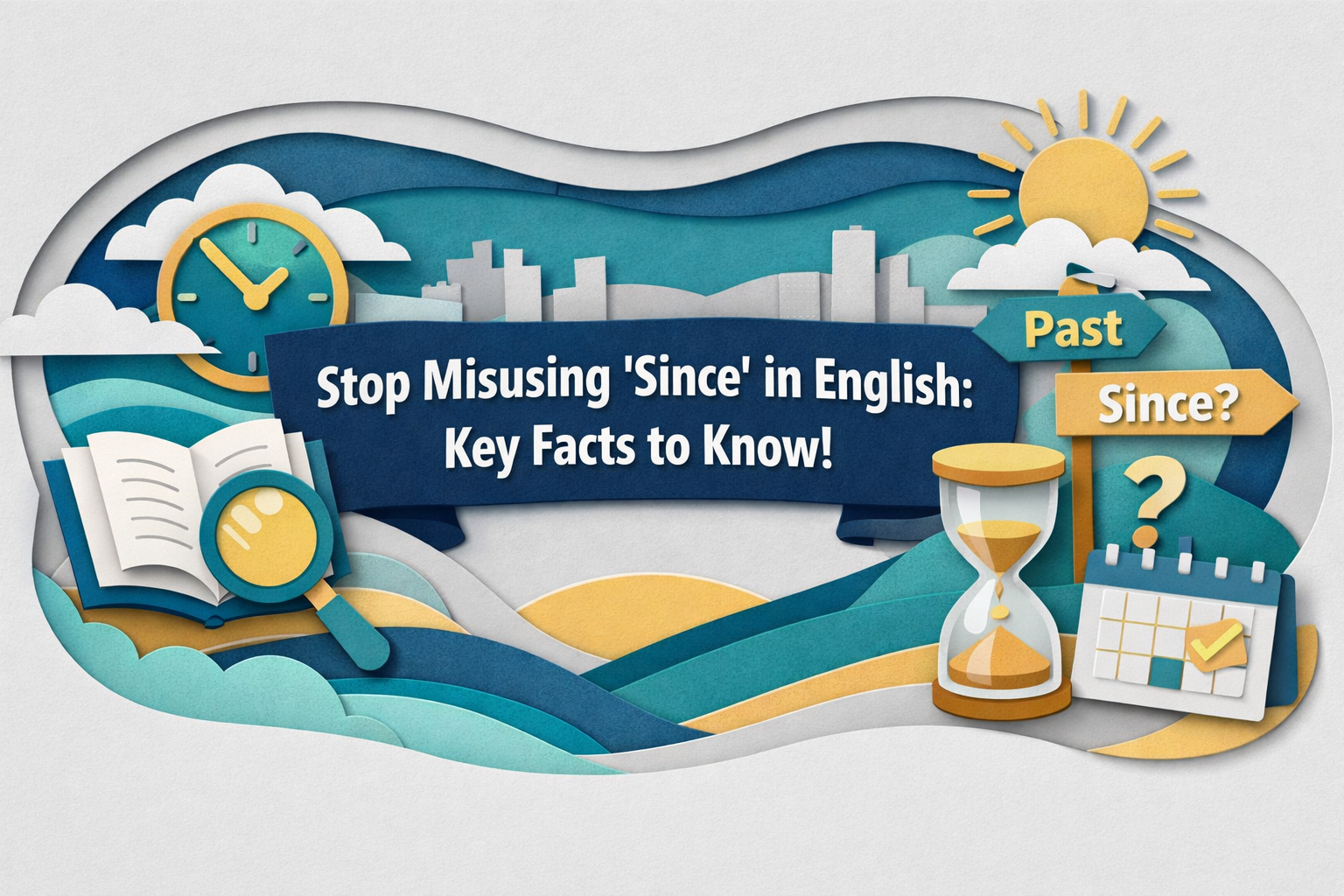 Wide 3D paper-cut banner in navy, soft gold, light gray, and teal showing a timeline/calendar and speech bubbles to use since correctly, with the title “Stop Misusing ‘Since’ in English: Key Facts to Know!”