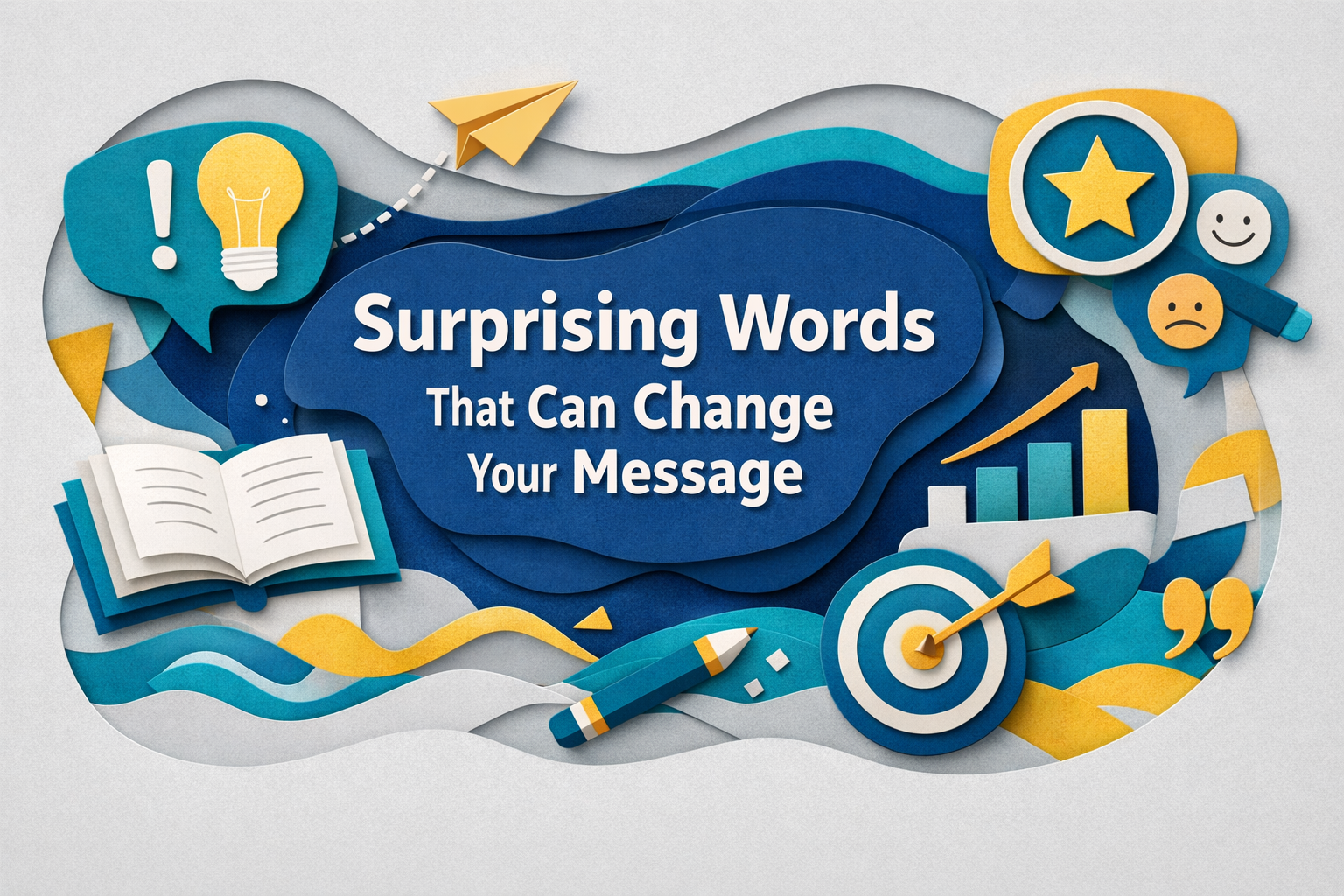 Wide 3D paper-cut banner in navy, soft gold, light gray, and teal showing email + chat icons and a tone dial; “words that change tone” in professional messages.