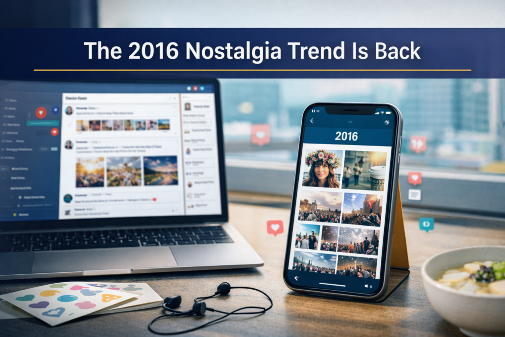 2016 nostalgia trend banner showing a modern desk with phone throwback feed and subtle retro tech details in navy, gold, gray, and teal.
