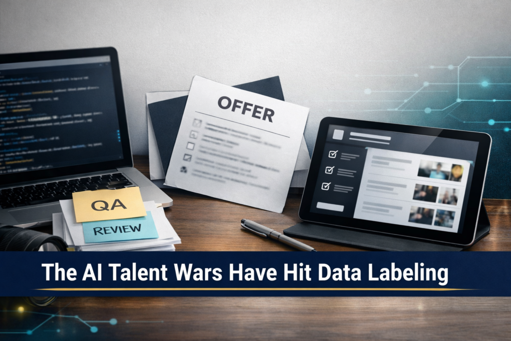 The AI Talent Wars Have Hit Data Labeling banner showing a business tech desk scene and hiring competition visuals, highlighting the AI data labeling war.
