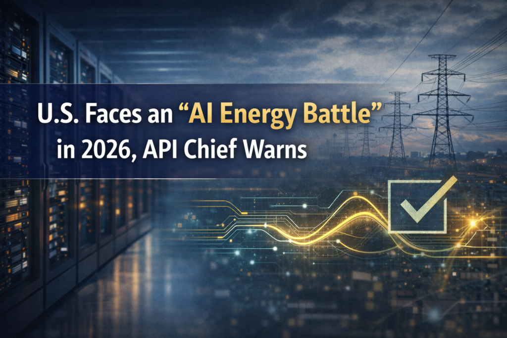 AI energy battle banner showing a data center and electric grid infrastructure in a modern business-tech visual style.
