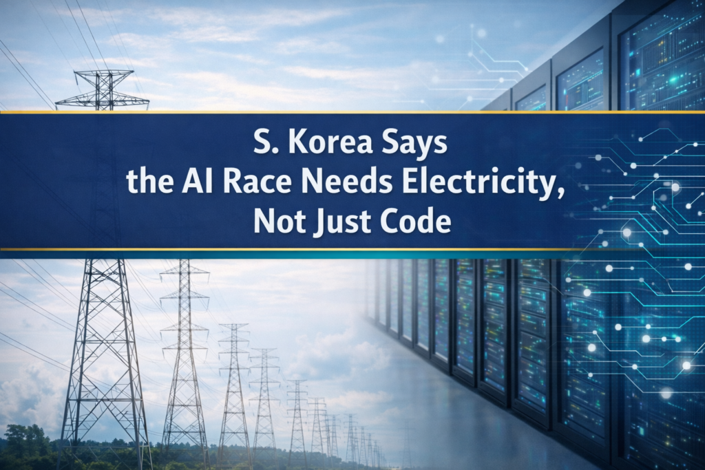 AI race needs electricity as South Korea highlights power grids and infrastructure for AI growth in a business-style banner.