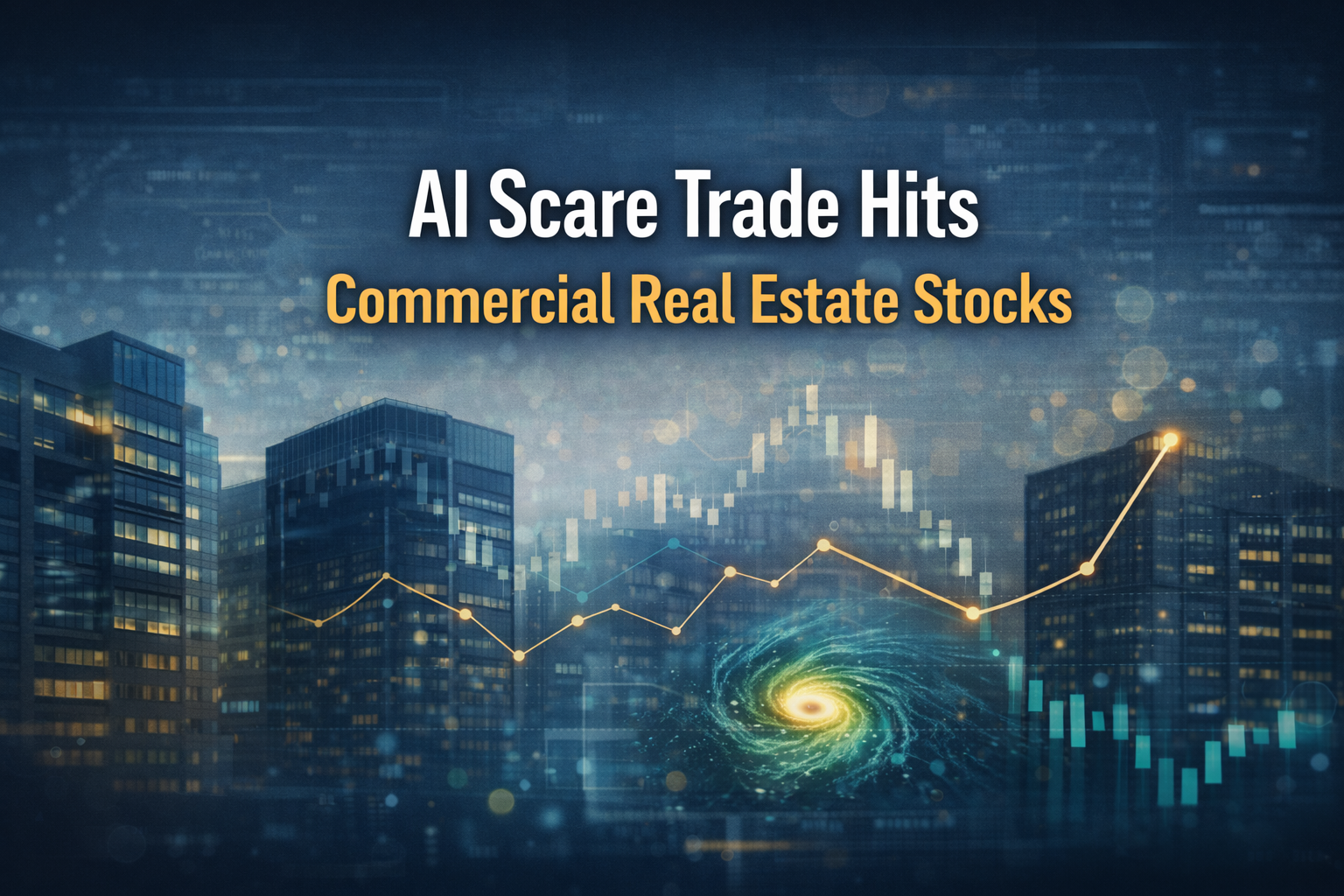 AI scare trade banner showing office buildings and market charts as commercial real estate stocks react to automation concerns.