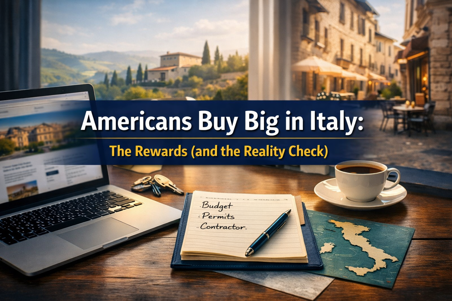 Photographic banner showing a desk with Italian property notes and a map, representing Americans buying property in Italy, with the article title overlay.