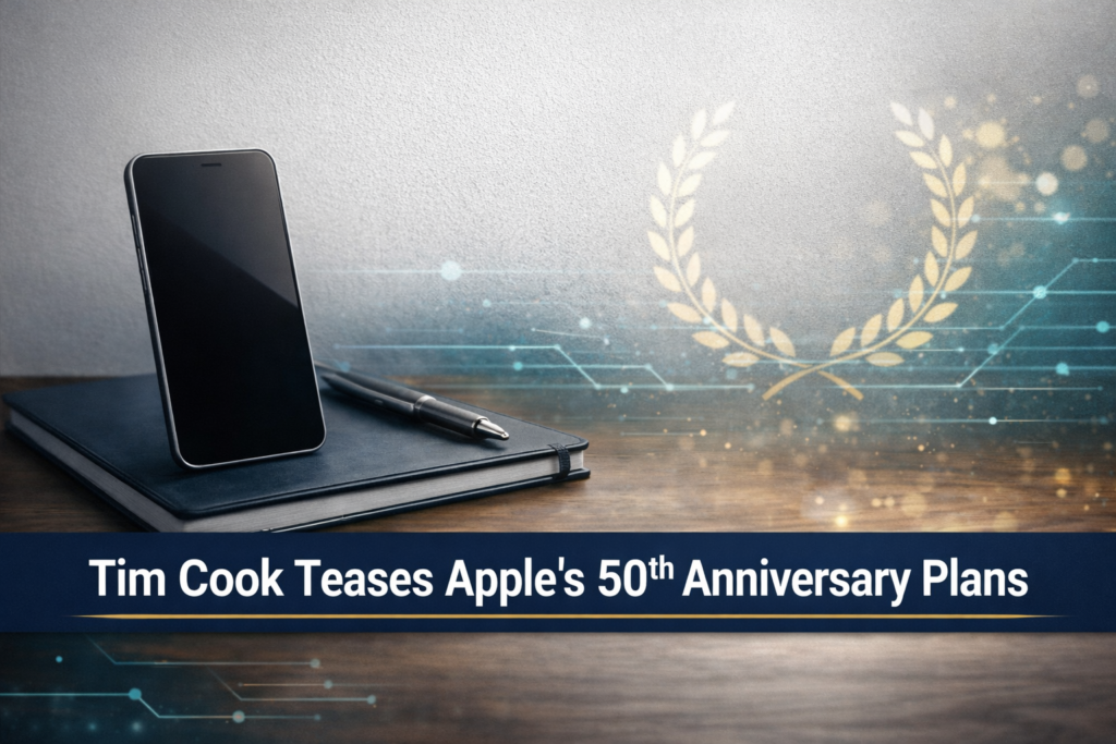 Tim Cook Teases Apple’s 50th Anniversary Plans banner with a premium executive desk scene and subtle celebratory accents, representing Apple 50th anniversary plans.
