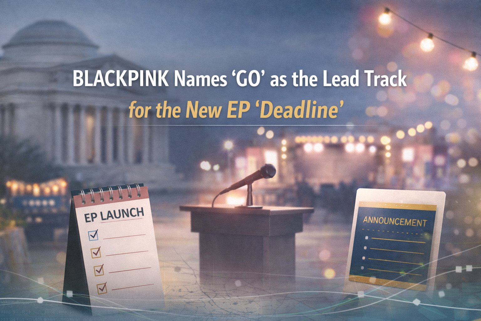 BLACKPINK lead track GO banner with a modern launch-style museum collaboration scene, spotlight lighting, and navy-gold-teal brand colors.