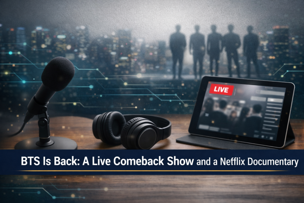 BTS Is Back: A Live Comeback Show and a Netflix Documentary banner with a media production desk and global livestream visuals, reflecting the BTS Netflix comeback.