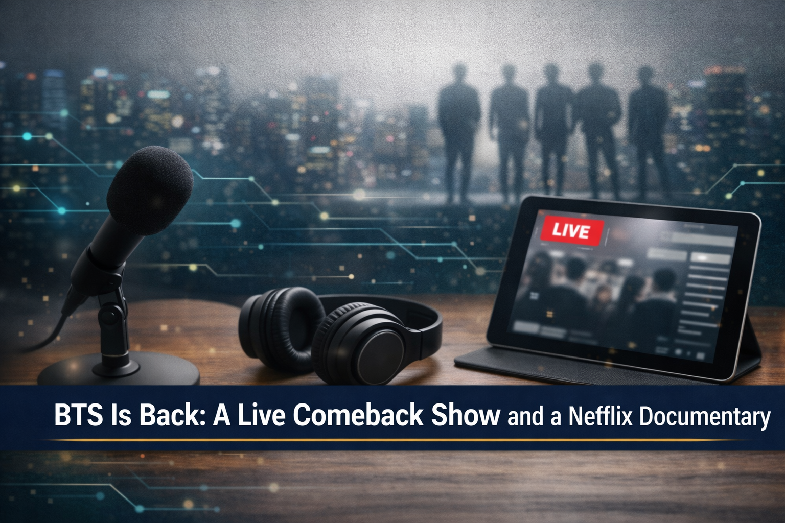 BTS Is Back: A Live Comeback Show and a Netflix Documentary banner with a media production desk and global livestream visuals, reflecting the BTS Netflix comeback.