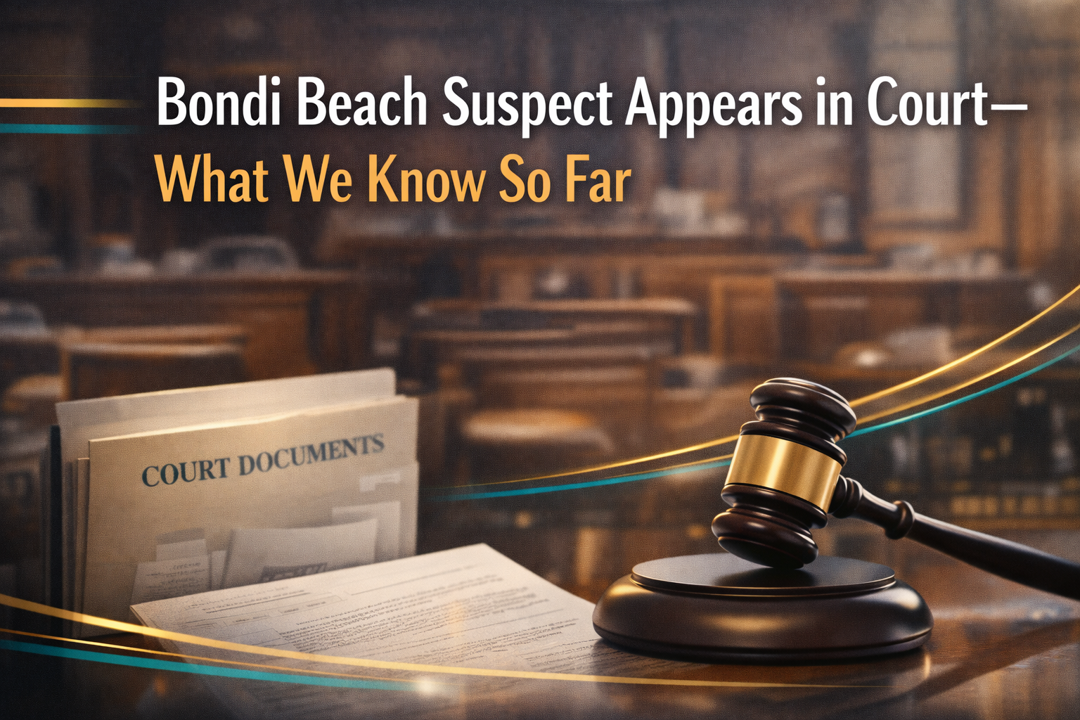 Photographic legal-news banner depicting a courtroom setting for Bondi Beach court appearance, in navy and gold branding with the headline text.