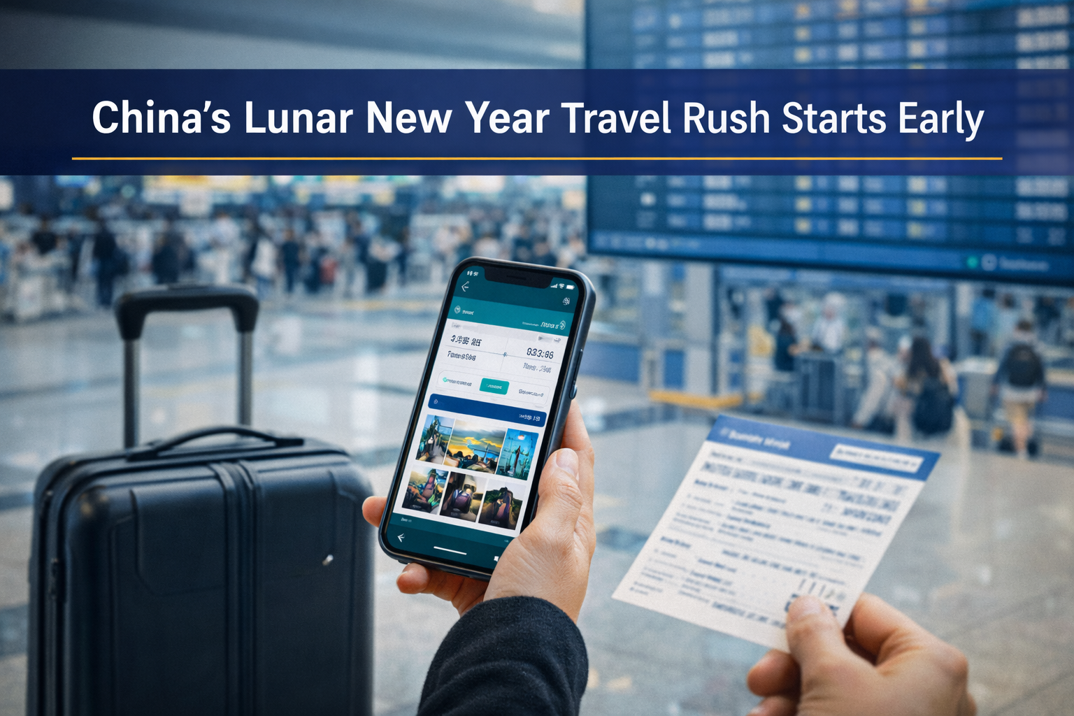 China Lunar New Year travel banner showing a busy terminal scene with booking phone screen and carry-on, styled in navy, gold, gray, and teal.