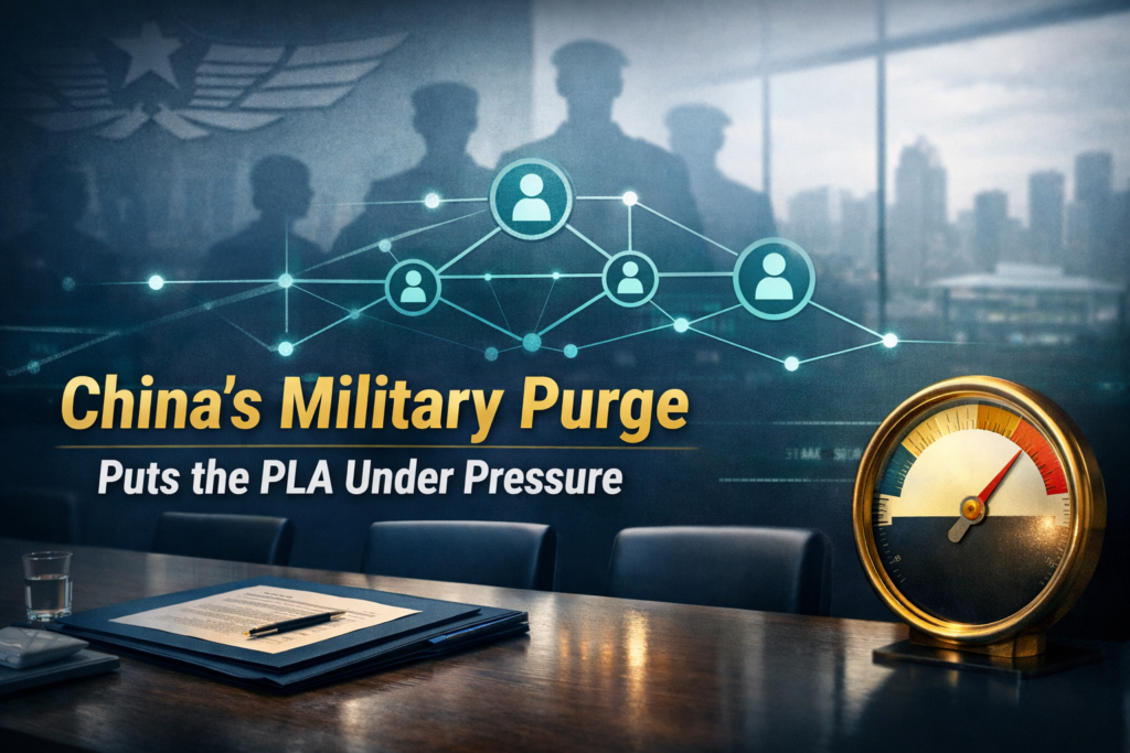 China military purge strain illustrated with a tense military leadership briefing scene, abstract command network overlay, and pressure gauge accents.