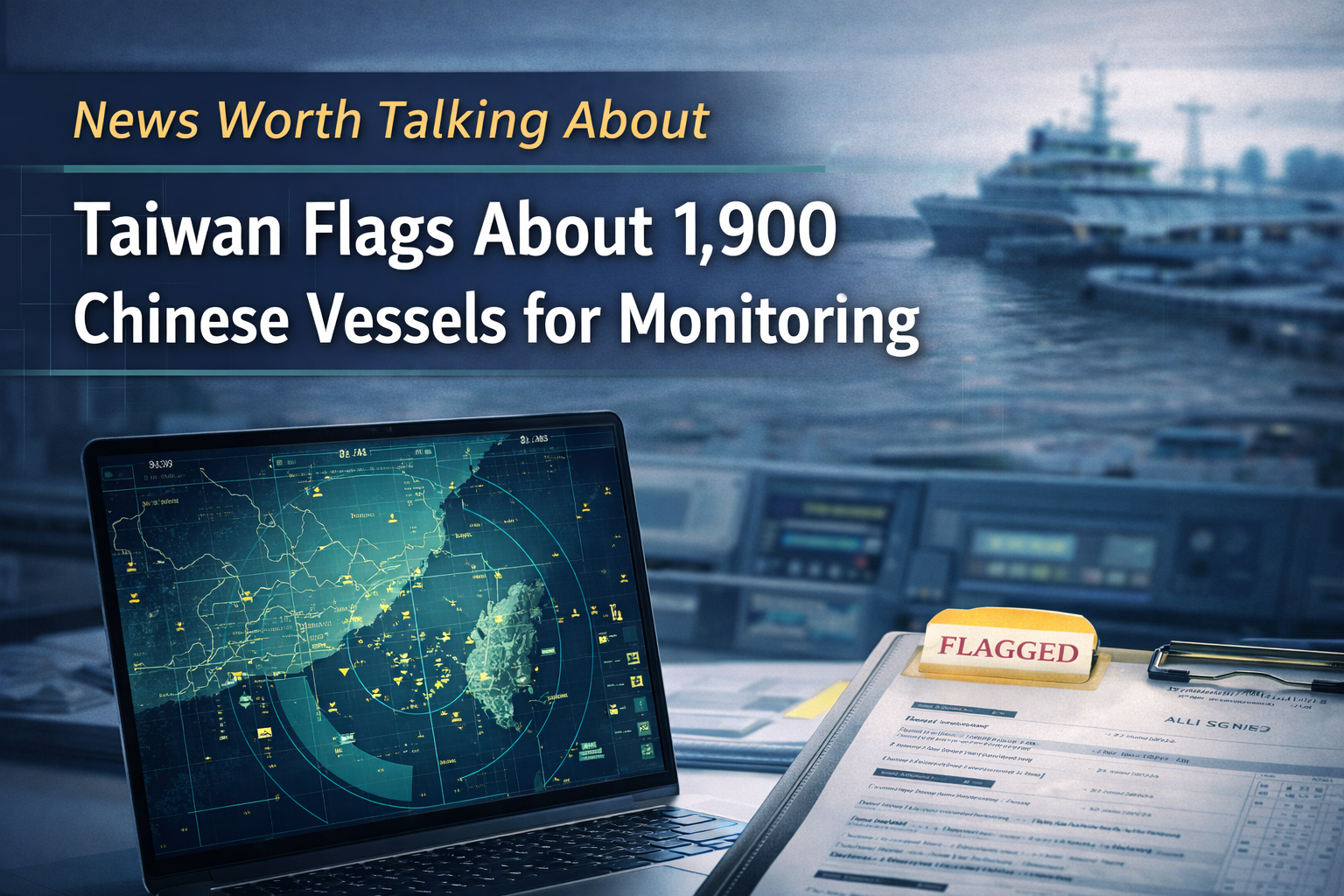 Photographic maritime operations banner showing ship-tracking visuals and radar effects for Chinese vessels monitoring, styled in navy, gold, teal, and light gray.