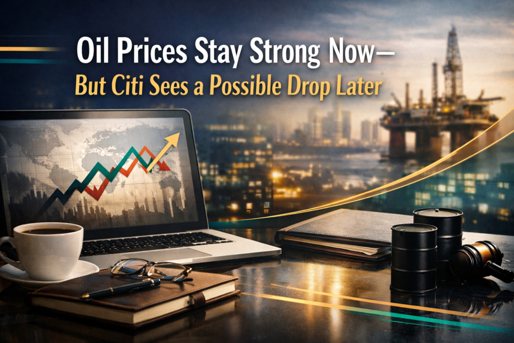 Photographic business banner showing global oil market visuals for Citi oil price forecast, with navy and gold financial styling and headline text.