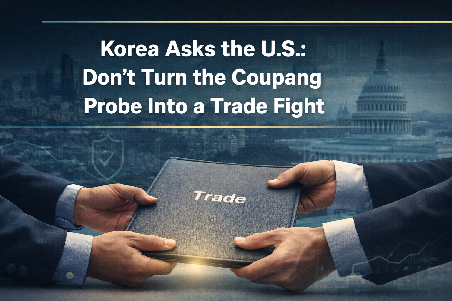 Coupang probe trade dispute concept banner showing business leaders and trade documents symbolizing Korea–U.S. tensions over a company investigation.