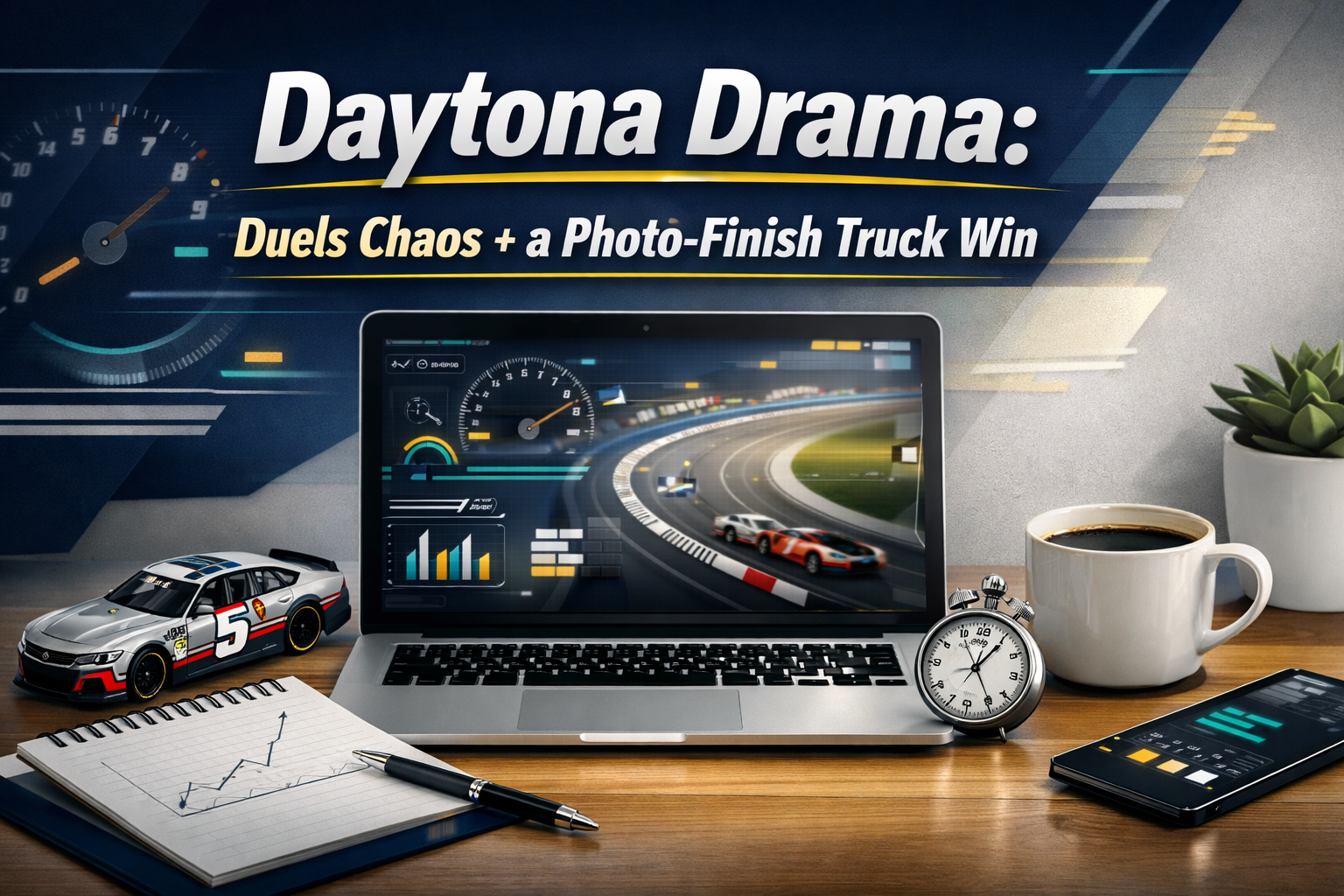 Daytona Duels photo finish banner showing a racing analytics desk setup with telemetry-style accents in navy, gold, and teal.