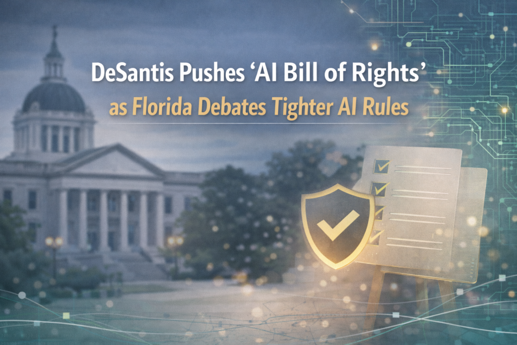 DeSantis AI regulation banner with a modern policy-and-technology scene, abstract AI graphics, and navy-gold-teal brand colors.