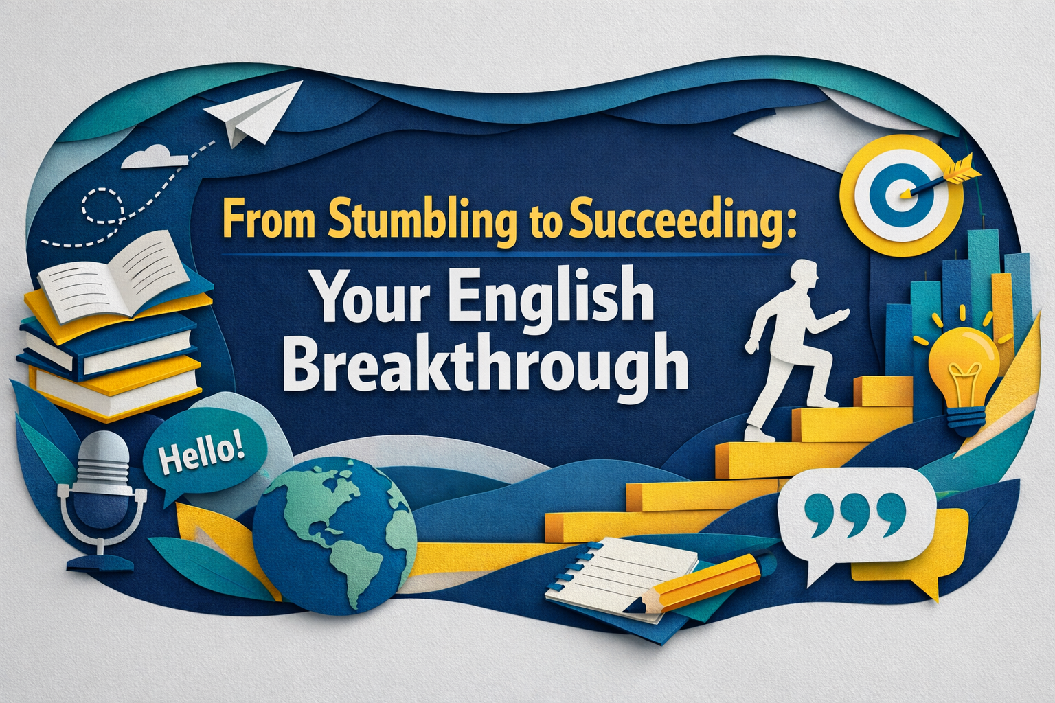 3D paper cut art banner in navy, gold, light gray, and teal showing a professional climbing from “stumble” steps to success, symbolizing an English speaking breakthrough.