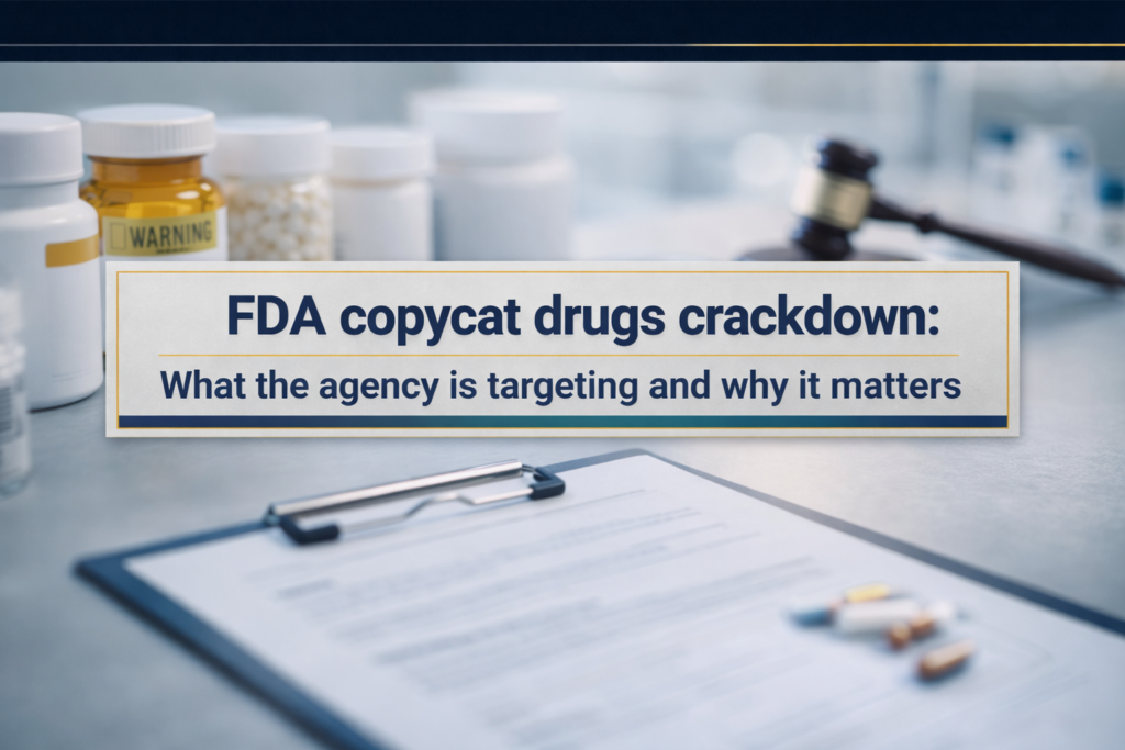 FDA copycat drugs crackdown banner showing a clean pharmacy-lab scene with subtle compliance and enforcement visuals in a business-news style.