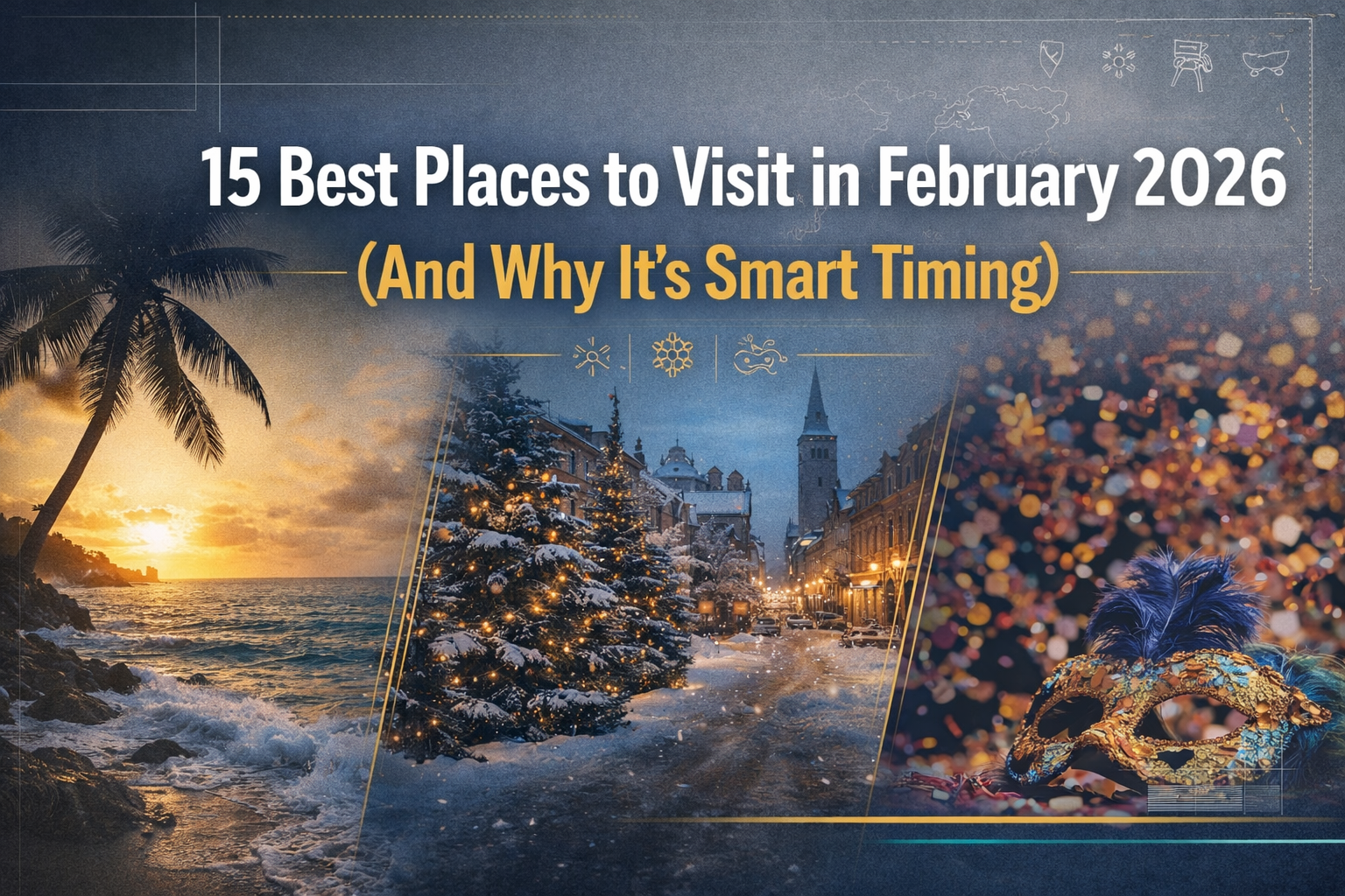 February 2026 travel destinations—wide banner with sun, snow, and festival travel imagery and the headline “15 Best Places to Visit in February 2026 (And Why It’s Smart Timing).”