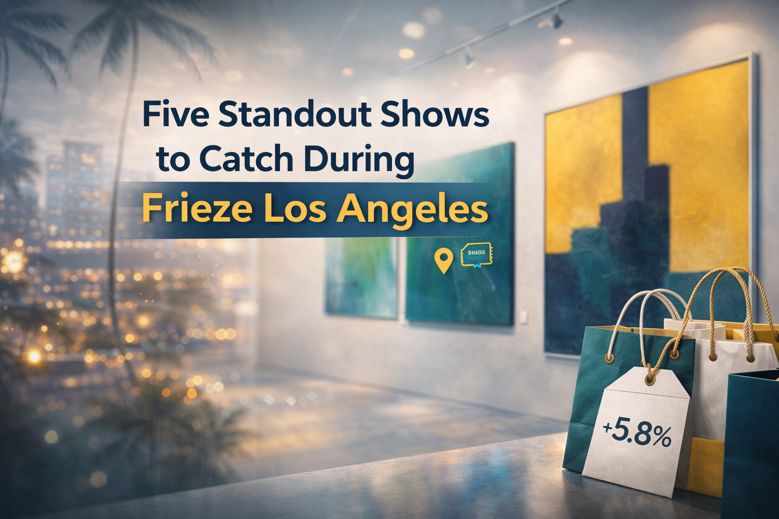 Frieze Los Angeles shows banner featuring a modern gallery scene with Los Angeles-inspired details in navy and gold.