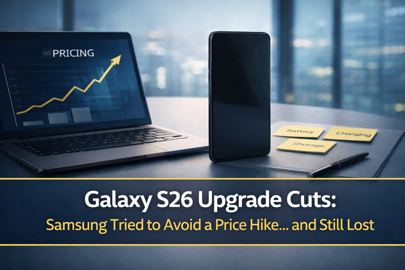 Galaxy S26 price hike banner featuring a smartphone strategy desk with pricing chart and upgrade notes in navy, gold, gray, and teal.