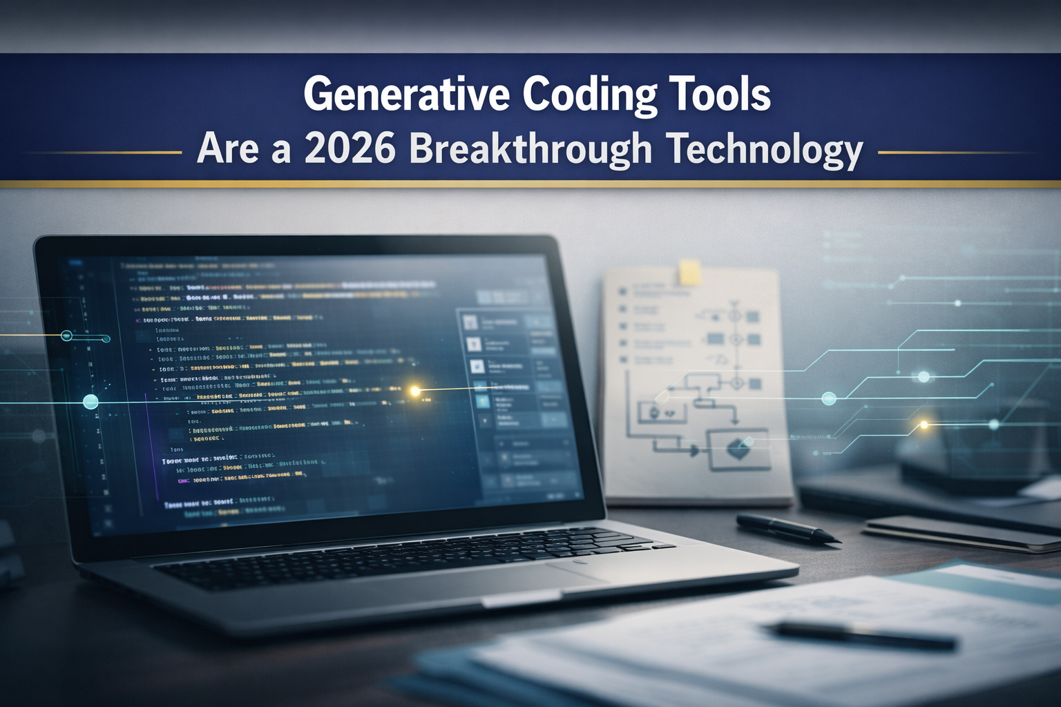 Generative coding tools featured in a business-tech banner with a laptop coding scene, digital AI accents, and clean brand colors.