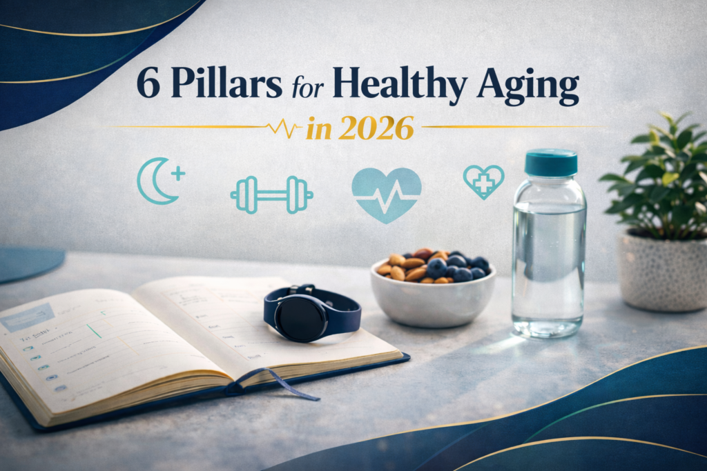 Healthy lifestyle pillars banner showing a clean wellness desk setup in navy, gold, teal brand colors for healthy aging in 2026.